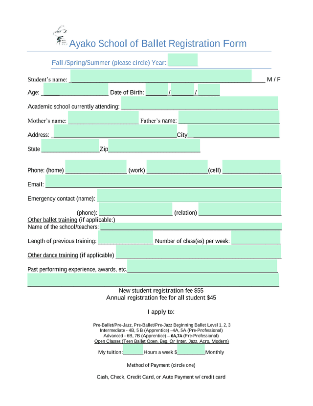 Ayako School Of Ballet Registration Form screenshot
