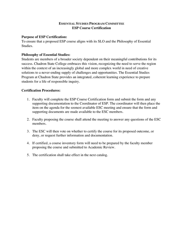 ESP Course Certification Form screenshot
