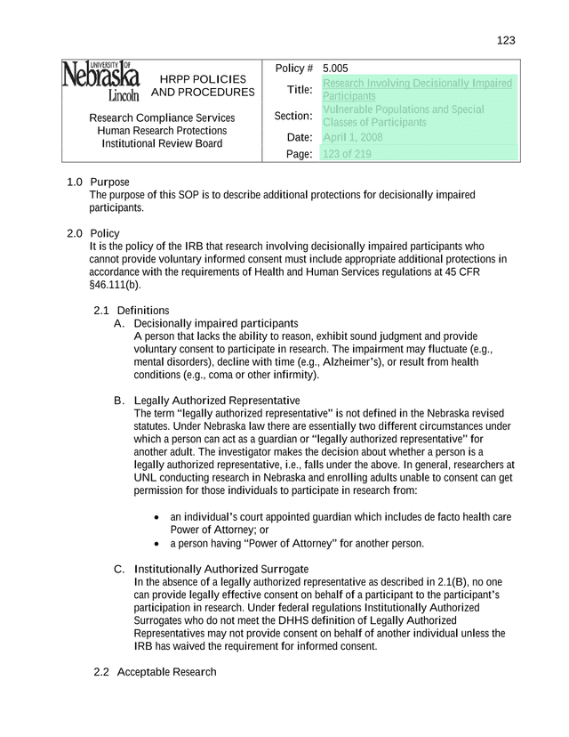 Research Involving Decisionally Impaired Participants screenshot