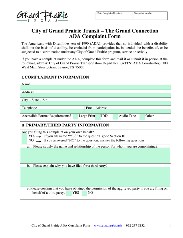 City Of Grand Prairie Transit  The Grand Connection ADA Complaint Form screenshot
