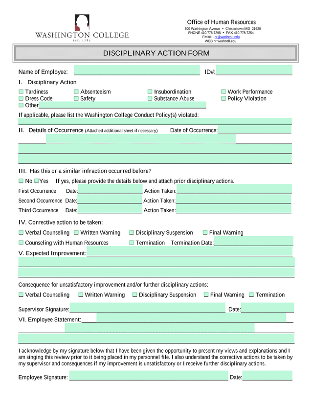 Disciplinary Action Form screenshot
