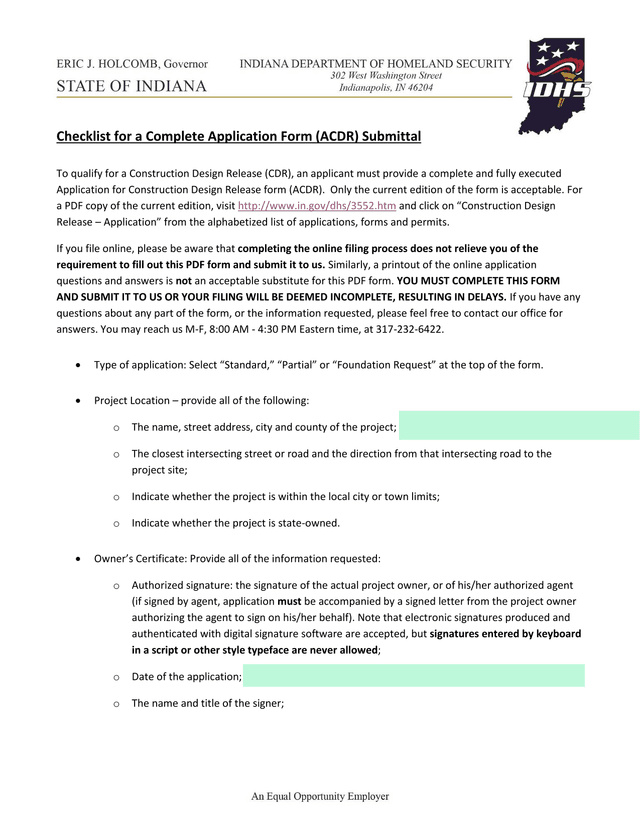 Checklist For A Complete Application Form (ACDR) Submittal screenshot