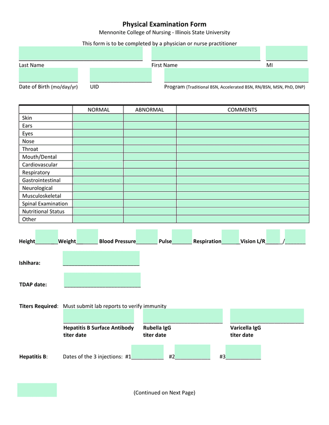 Physical Examination Form screenshot