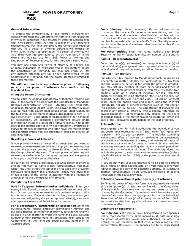 Maryland Form 548 Power Of Attorney screenshot