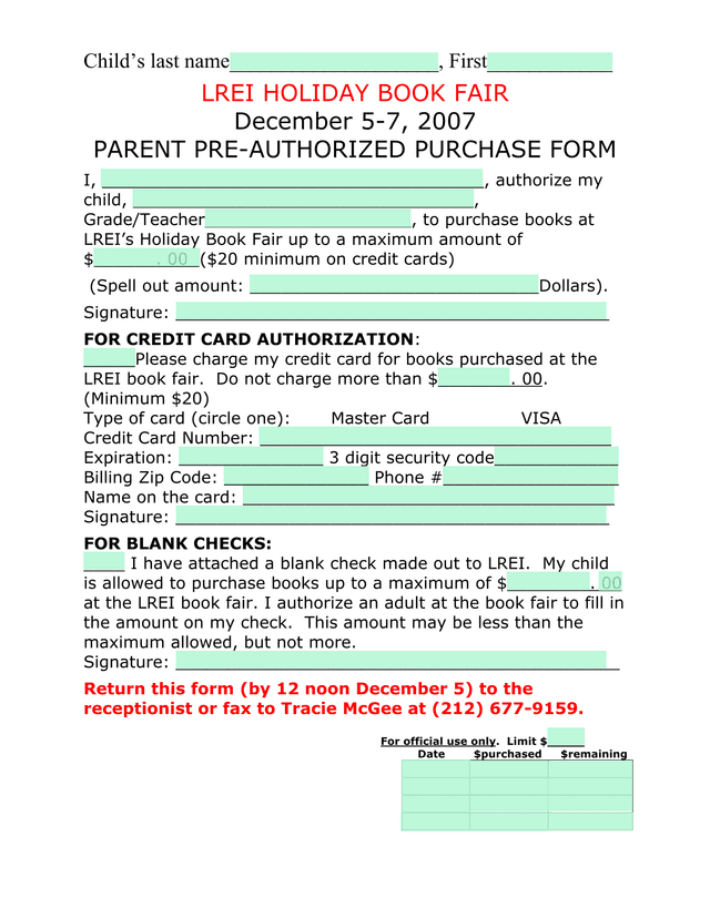 LREI Holiday Book Fair Parent Pre Authorized Purchase Form screenshot