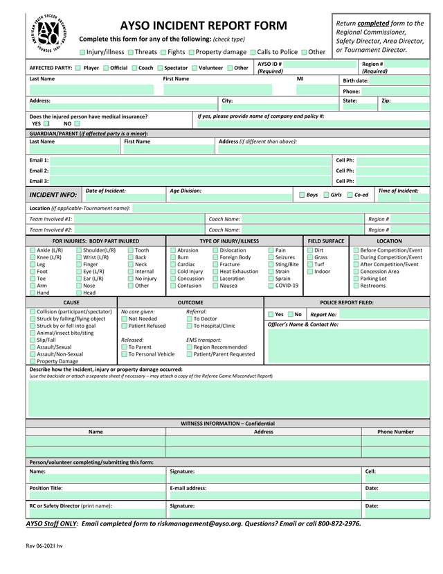 AYSO Incident Report Form screenshot