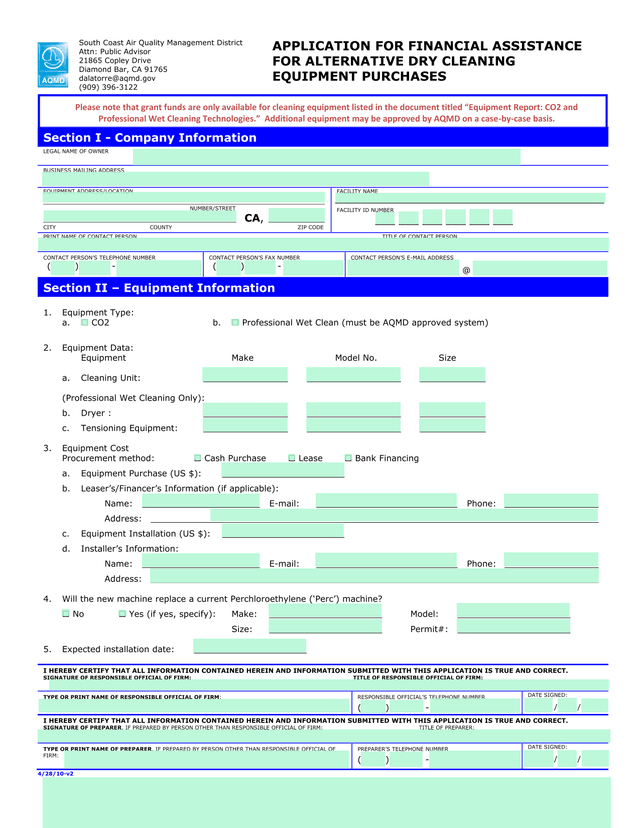 Application For Financial Assistance For Alternative Dry Cleaning Equipment Purchases screenshot