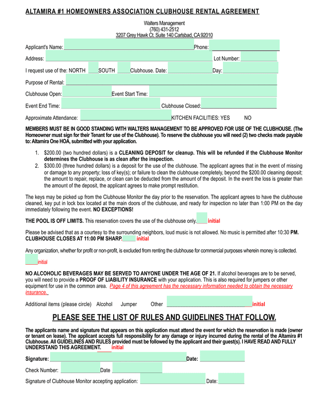 Altamira 1 Homeowners Association Clubhouse Rental Agreement screenshot