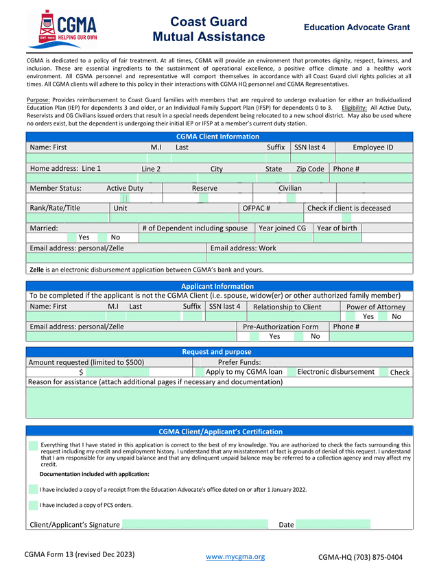 CGMA Client Information Form screenshot