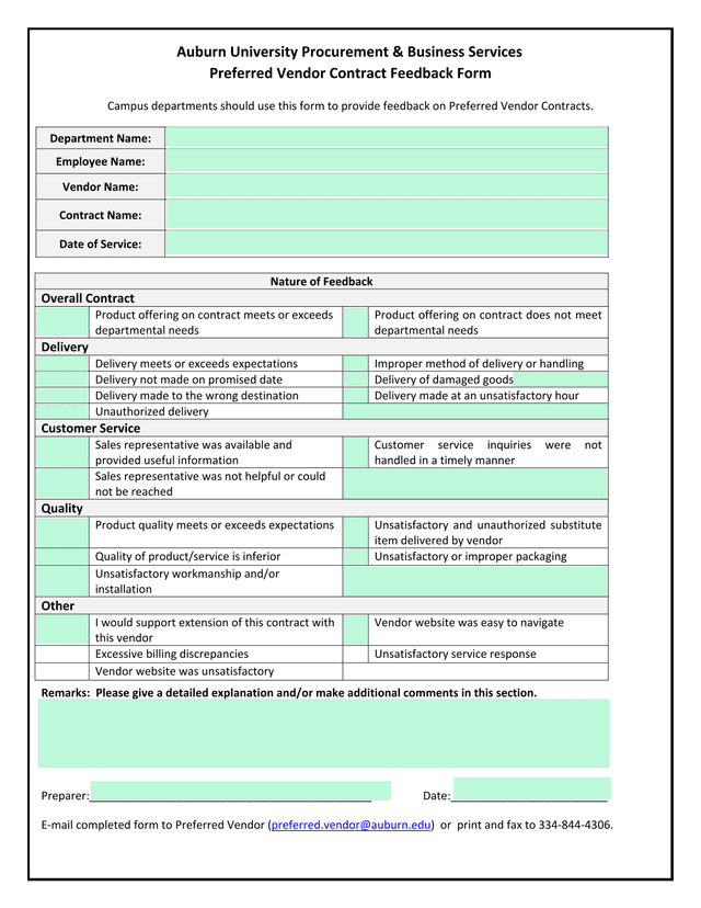 Preferred Vendor Contract Feedback Form screenshot