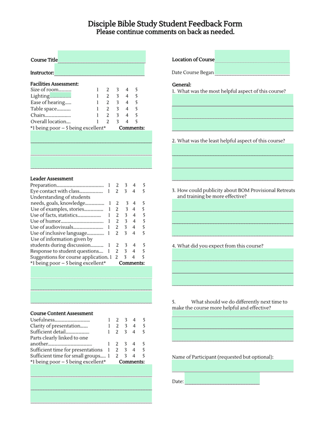 Disciple Bible Study Student Feedback Form screenshot
