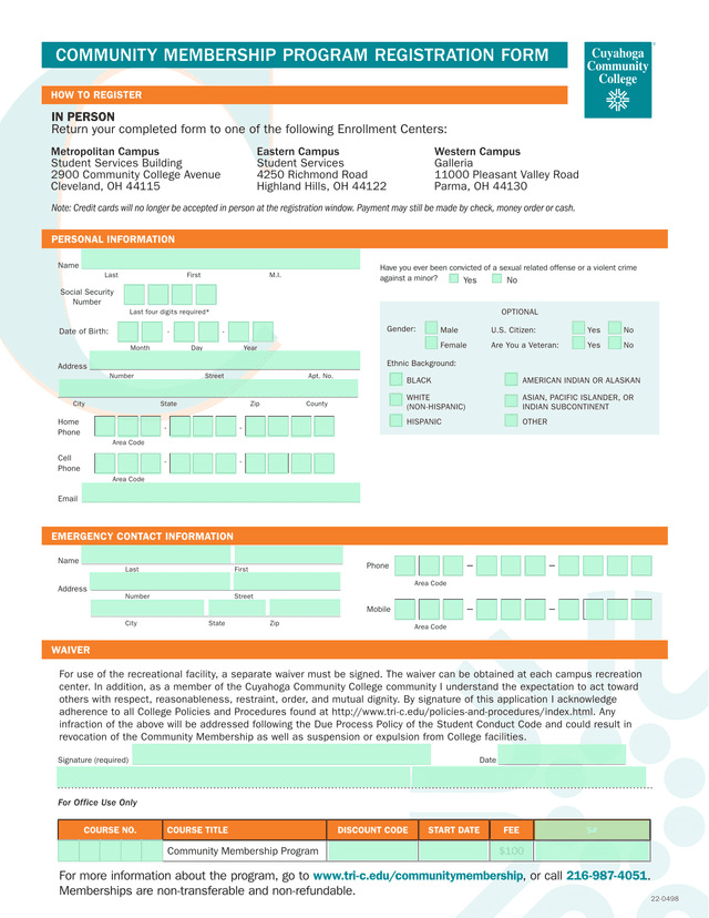 Community Membership Program Registration Form screenshot