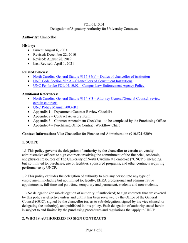 POL 01.15.01 Delegation Of Signatory Authority For University Contracts screenshot