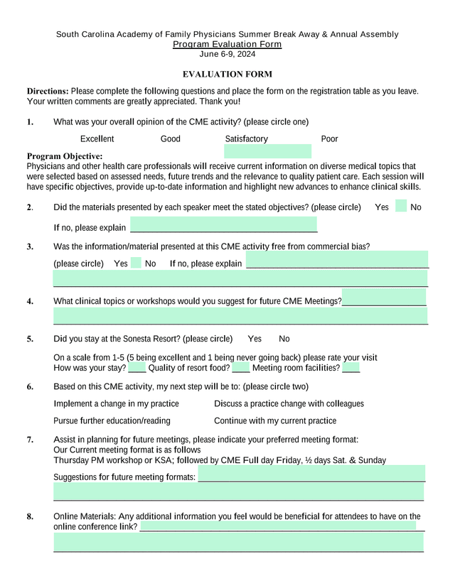 South Carolina Academy Of Family Physicians Summer Break Away  Annual Assembly Program Evaluation Fo screenshot