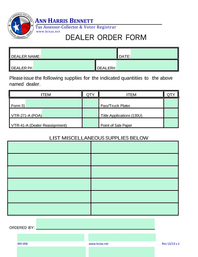 DEALER ORDER FORM screenshot