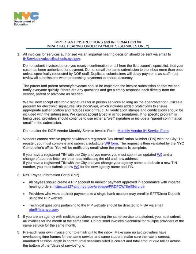 IMPORTANT INSTRUCTIONS And INFORMATION For IMPARTIAL HEARING ORDER PAYMENTS (SERVICES ONLY) screenshot