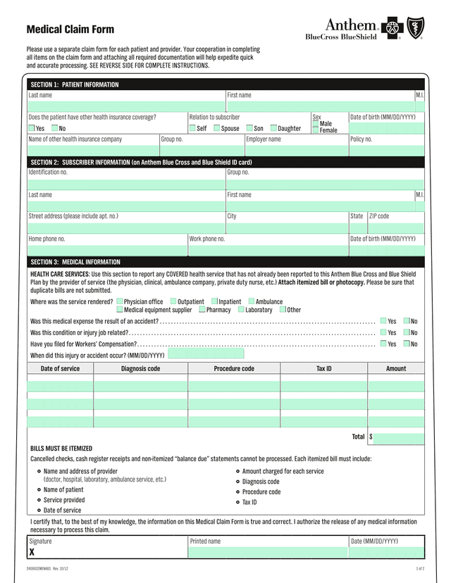Medical Claim Form screenshot