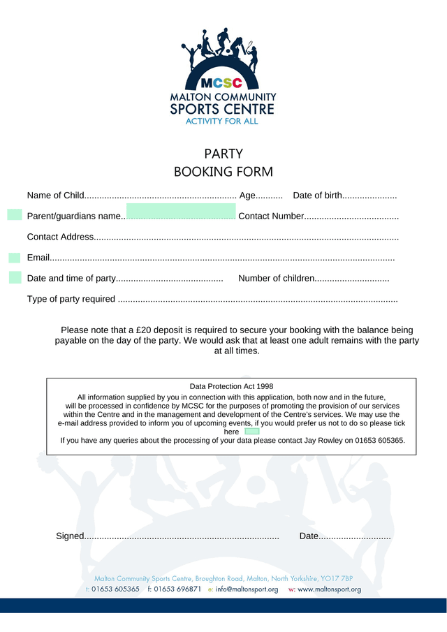 PARTY BOOKING FORM screenshot