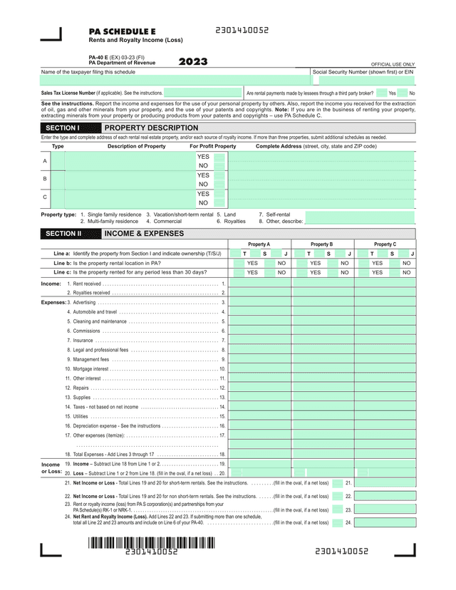 PA Schedule E Rents And Royalty Income (Loss) screenshot