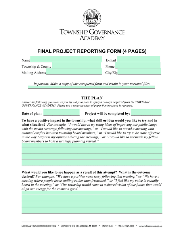 FINAL PROJECT REPORTING FORM screenshot
