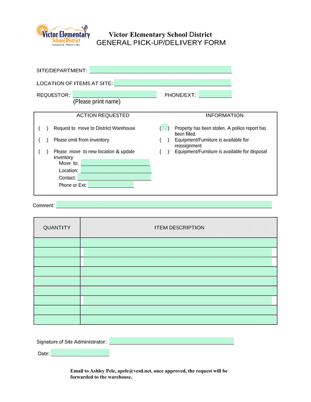 GENERAL PICK UPDELIVERY FORM screenshot