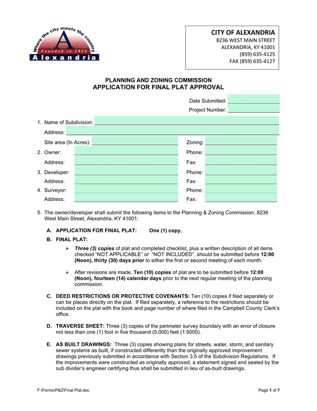 Application For Final Plat Approval screenshot