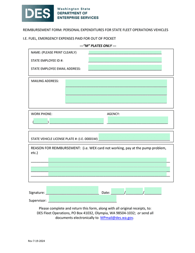 Reimbursement Form Personal Expenditures For State Fleet Operations Vehicles screenshot