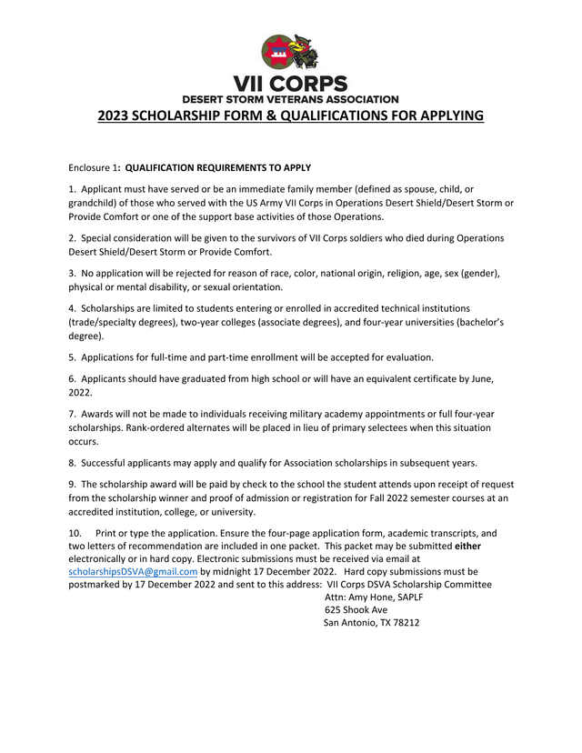 2023 Scholarship Form  Qualifications For Applying screenshot