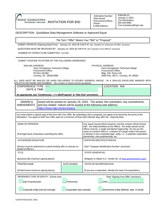 INVITATION FOR BID screenshot