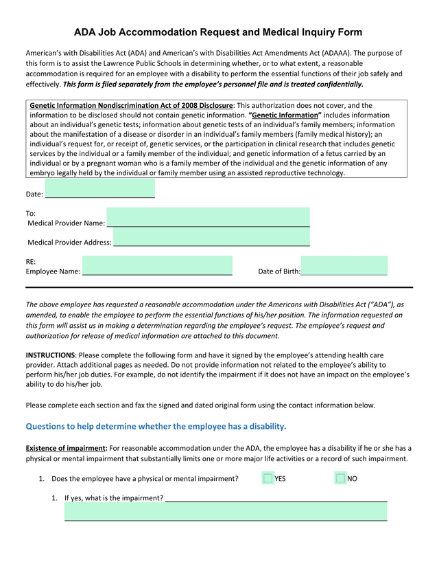 ADA Job Accommodation Request And Medical Inquiry Form screenshot