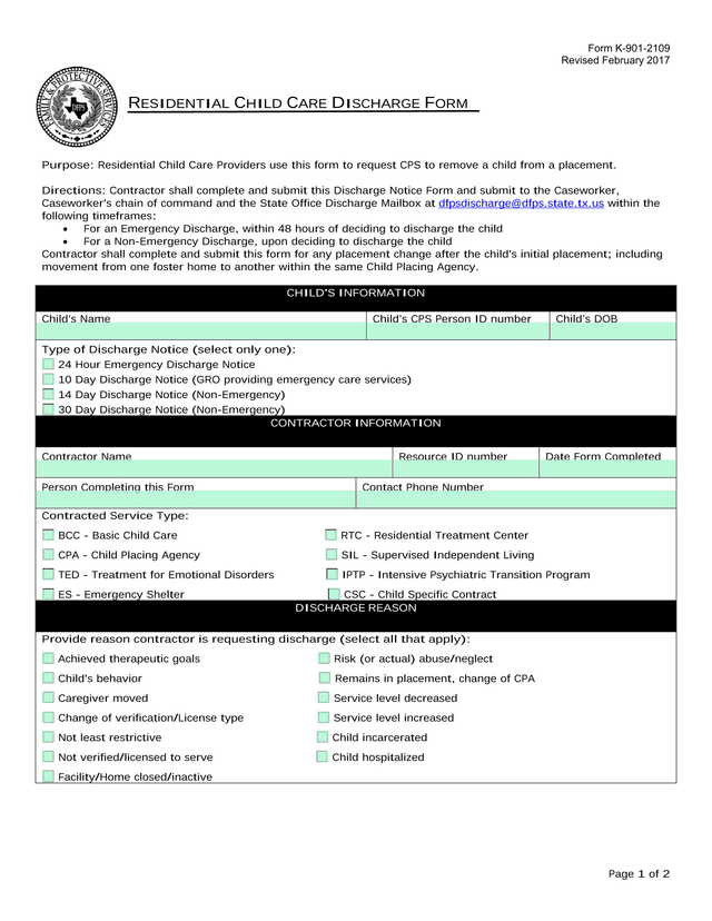 Residential Child Care Discharge Form screenshot