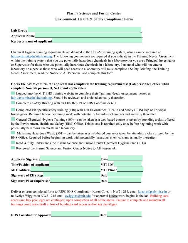Environment, Health  Safety Compliance Form screenshot