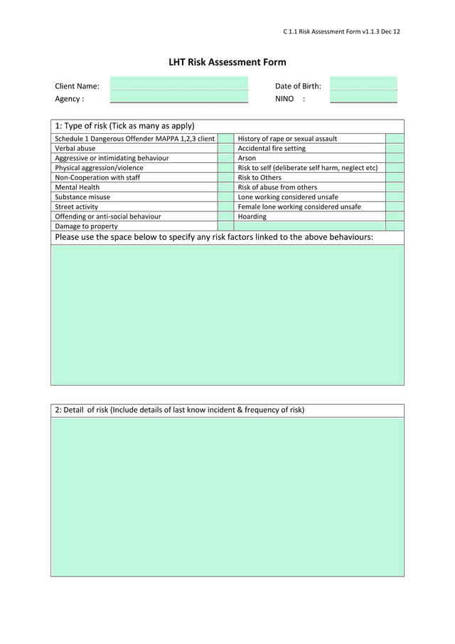 LHT Risk Assessment Form screenshot