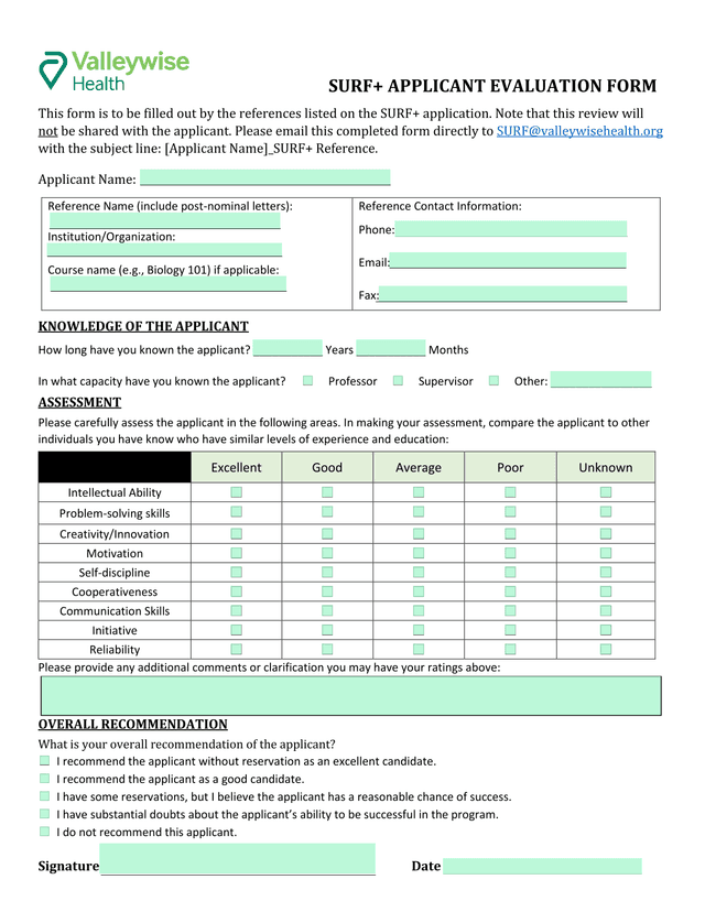 SURF APPLICANT EVALUATION FORM screenshot