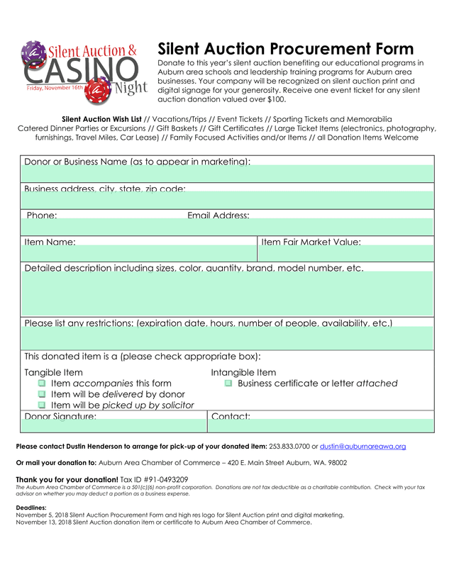 Silent Auction Procurement Form screenshot