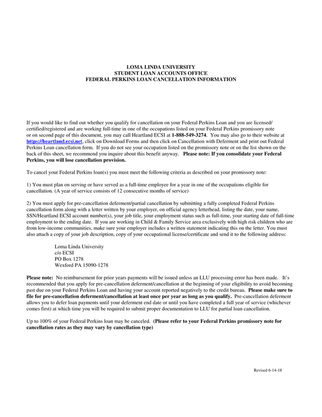 Federal Perkins Loan Cancellation Information screenshot