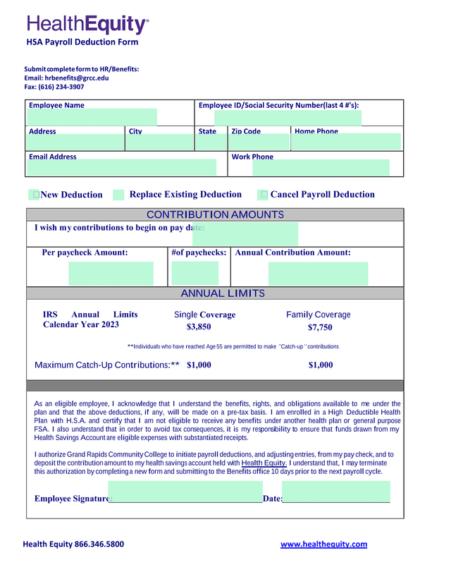 HSA Payroll Deduction Form screenshot
