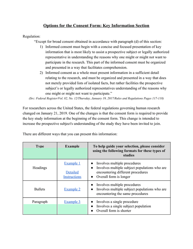 Options For The Consent Form Key Information Section screenshot