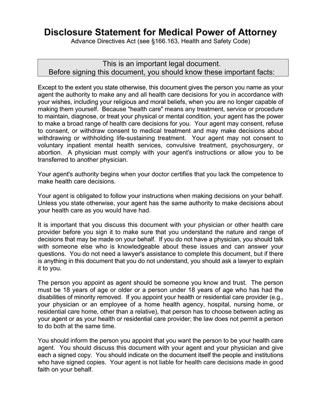 Disclosure Statement For Medical Power Of Attorney screenshot