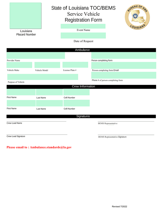 Louisiana Service Vehicle Registration Form screenshot
