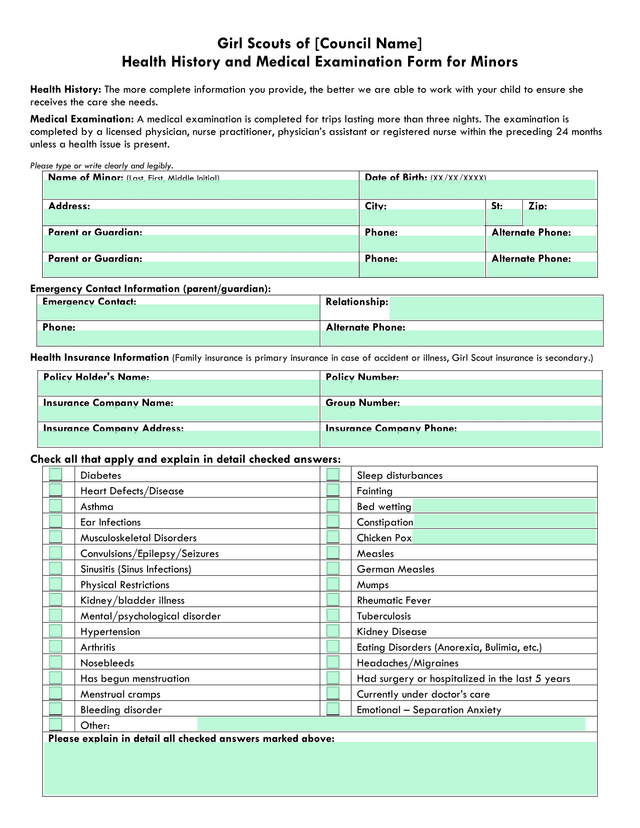 Girl Scouts Health History And Medical Examination Form For Minors screenshot