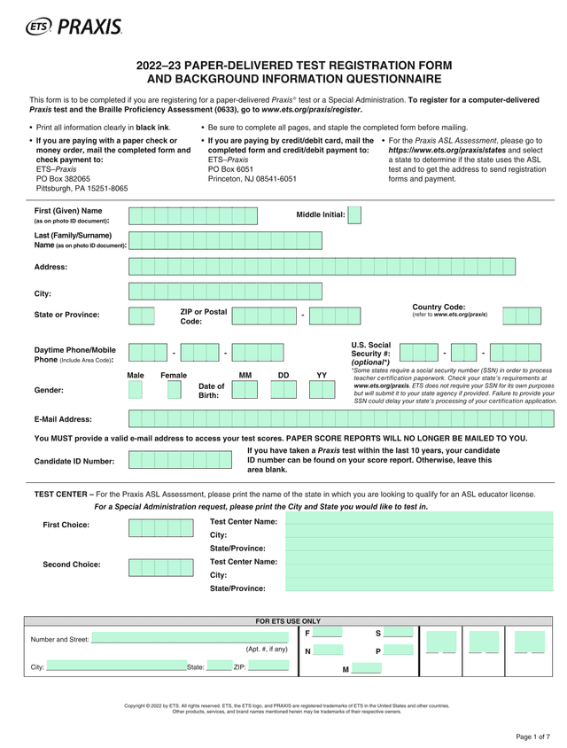 202223 Paper Delivered Test Registration Form And Background Information Questionnaire screenshot