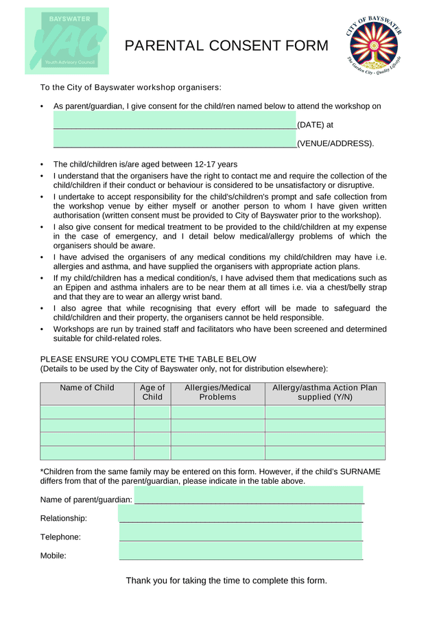Parental Consent Form screenshot