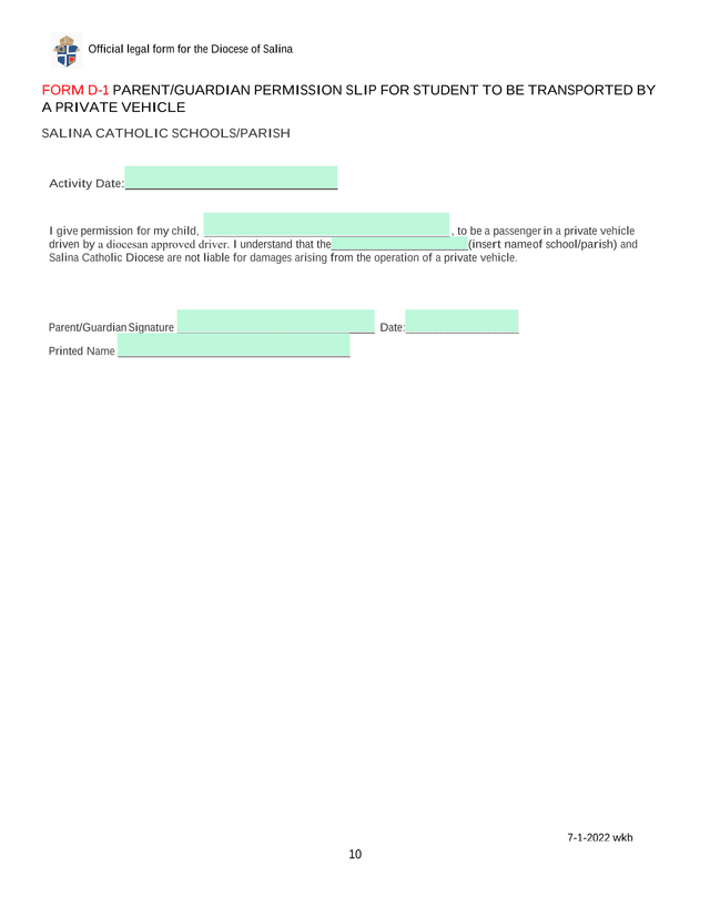 FORM D 1 PARENTGUARDIAN PERMISSION SLIP FOR STUDENT TO BE TRANSPORTED BY A PRIVATE VEHICLE screenshot