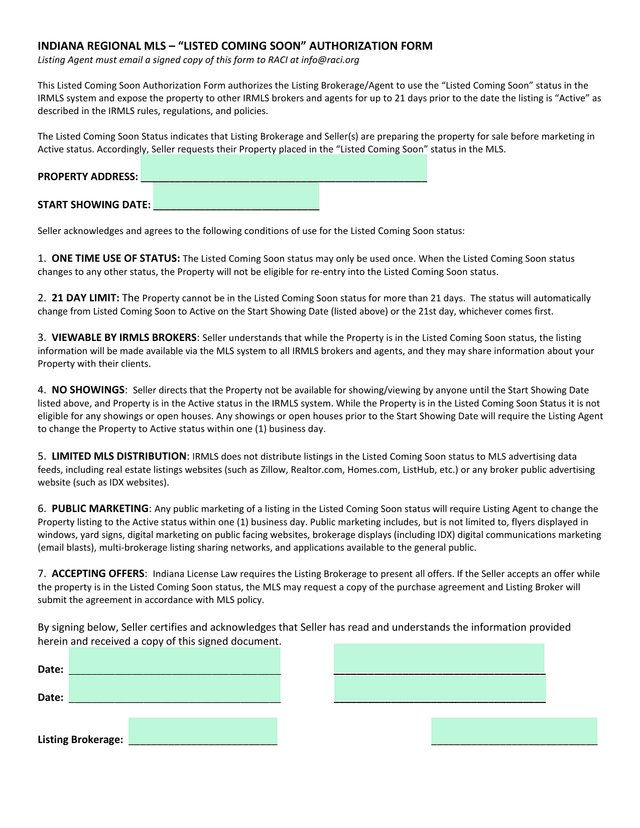 INDIANA REGIONAL MLS  LISTED COMING SOON AUTHORIZATION FORM screenshot