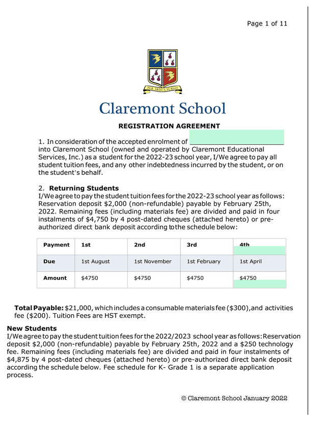 Claremont School Registration Agreement screenshot