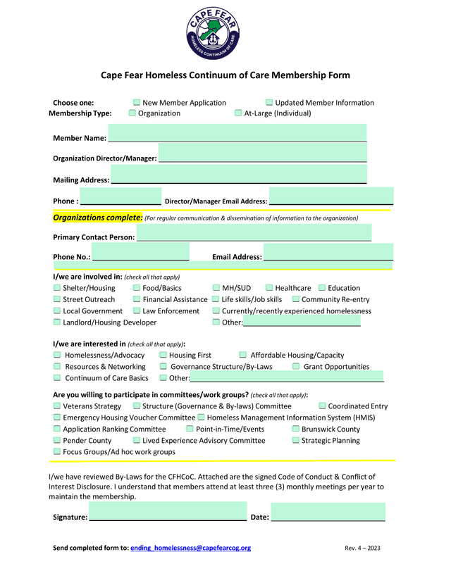 Cape Fear Homeless Continuum Of Care Membership Form screenshot