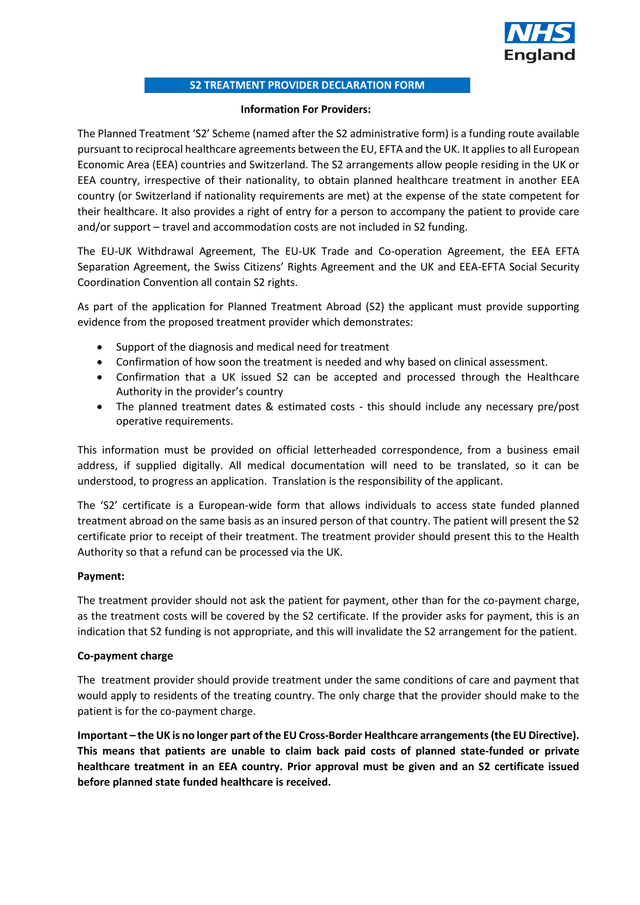 S2 Treatment Provider Declaration Form screenshot