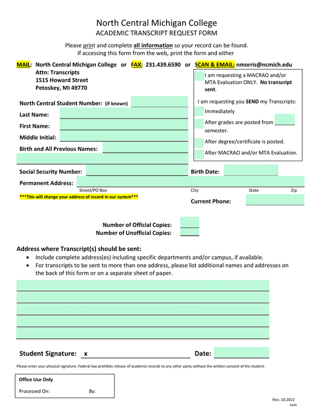 Academic Transcript Request Form screenshot