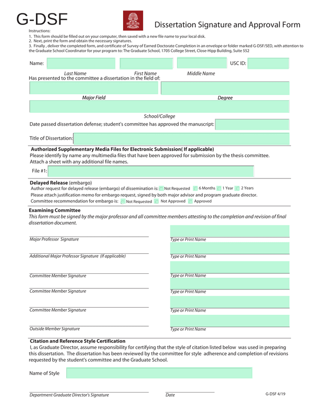G DSF Dissertation Signature And Approval Form screenshot